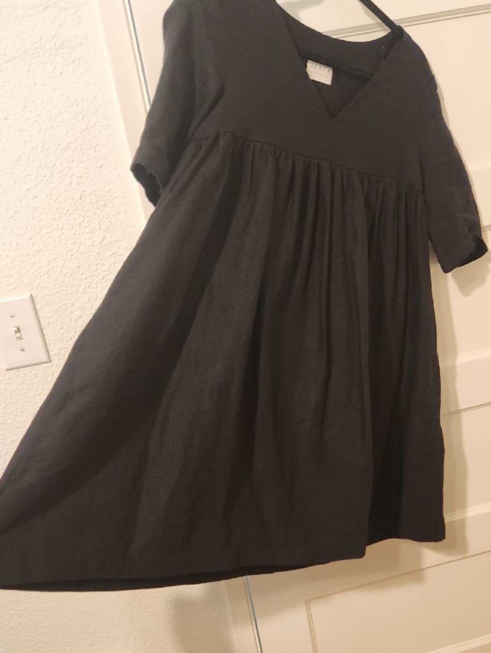 Offon Linen Black V-Neck Babydoll Dress -  Women
